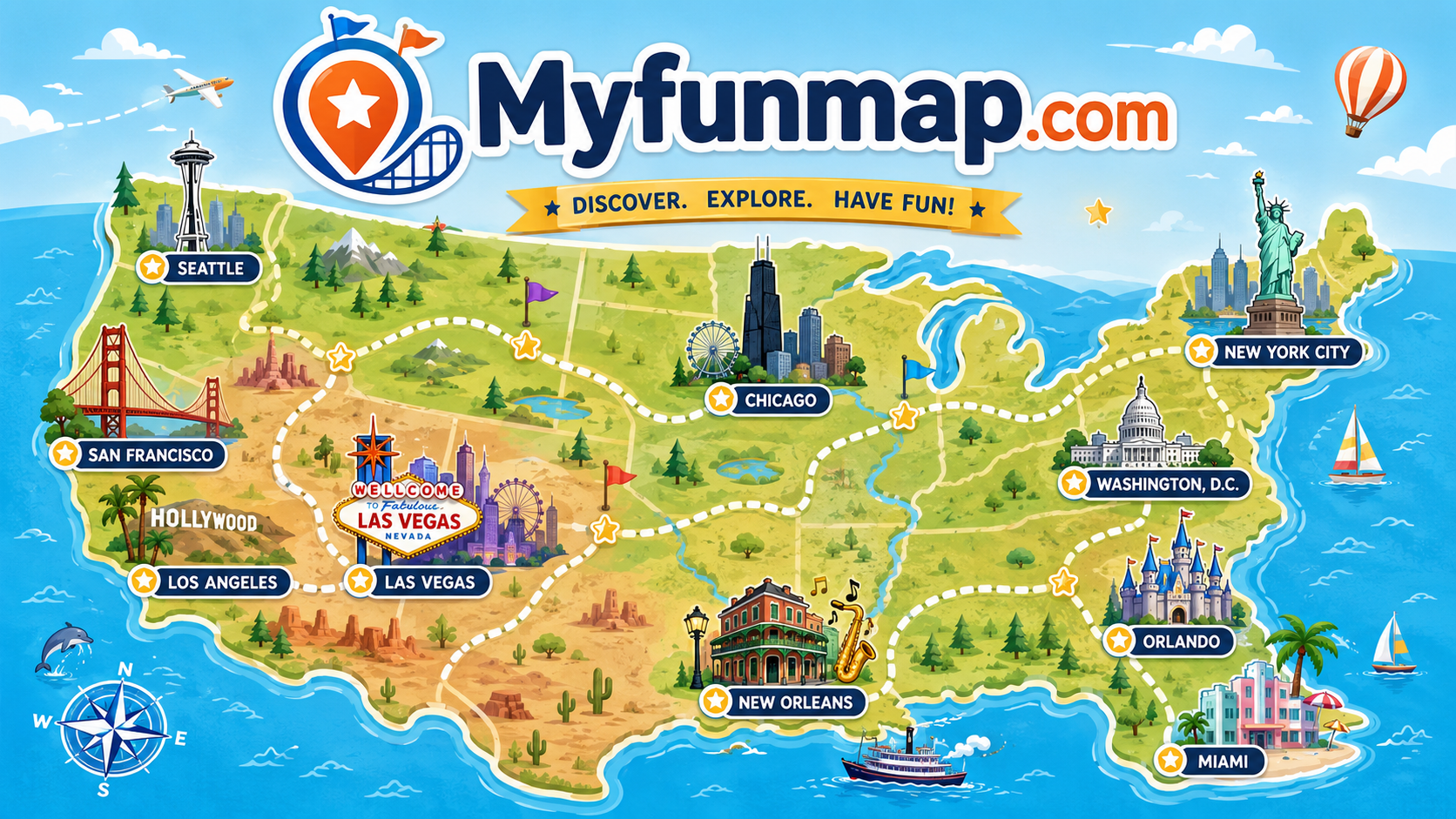 Illustrated MyFunMap United States map with launch cities